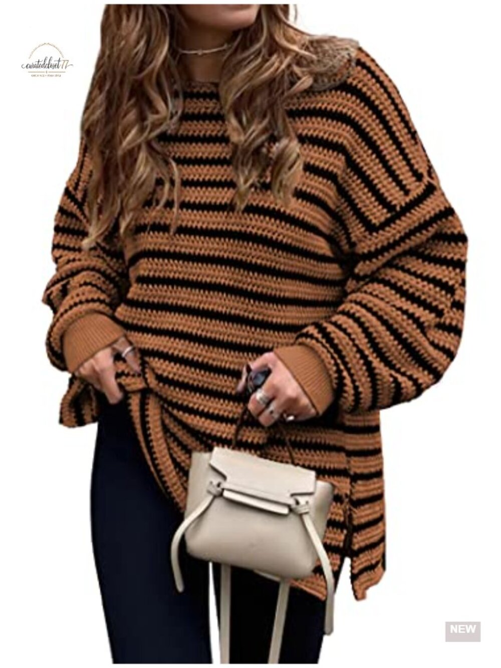 Womens Oversized Striped Knit Sweater Crewneck Long Sleeve Pullover Tunic